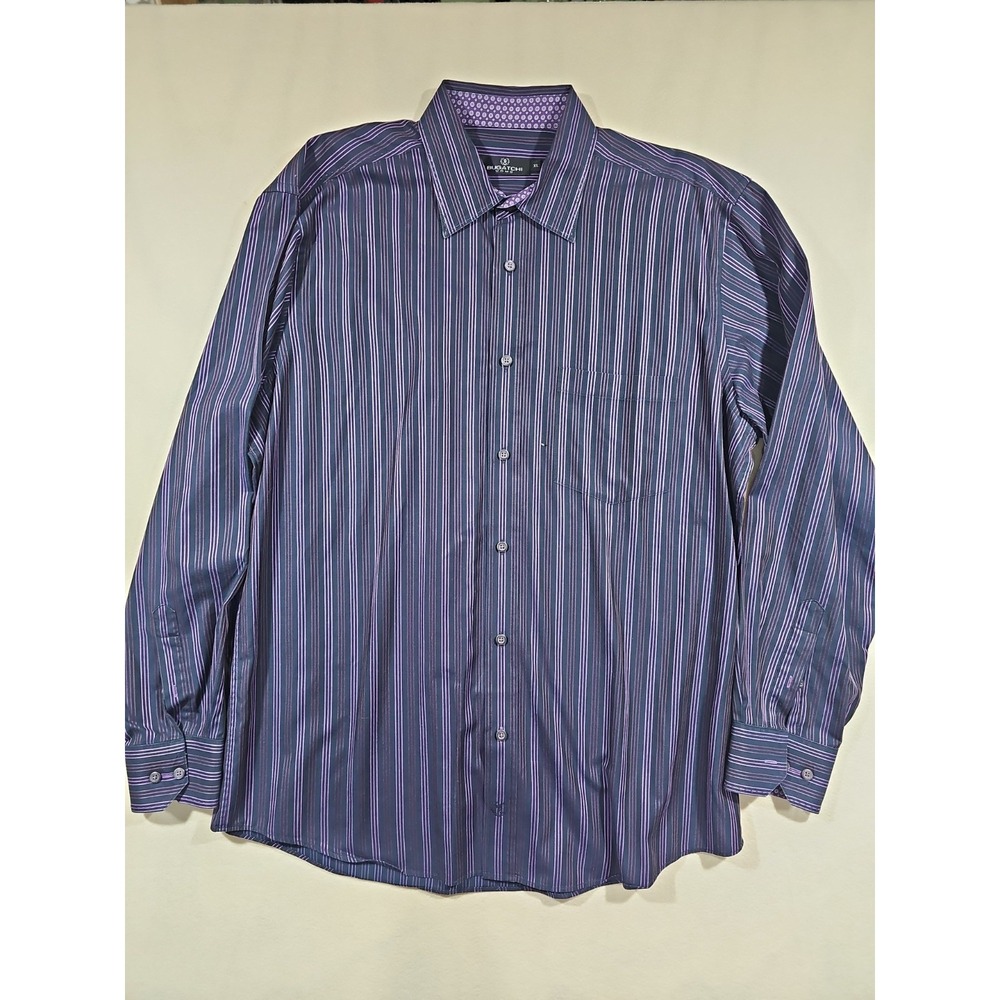 BUGATCHI UOMO Men's XL Long Sleeve Button Down Shirt Purple Black Stripe Geometr